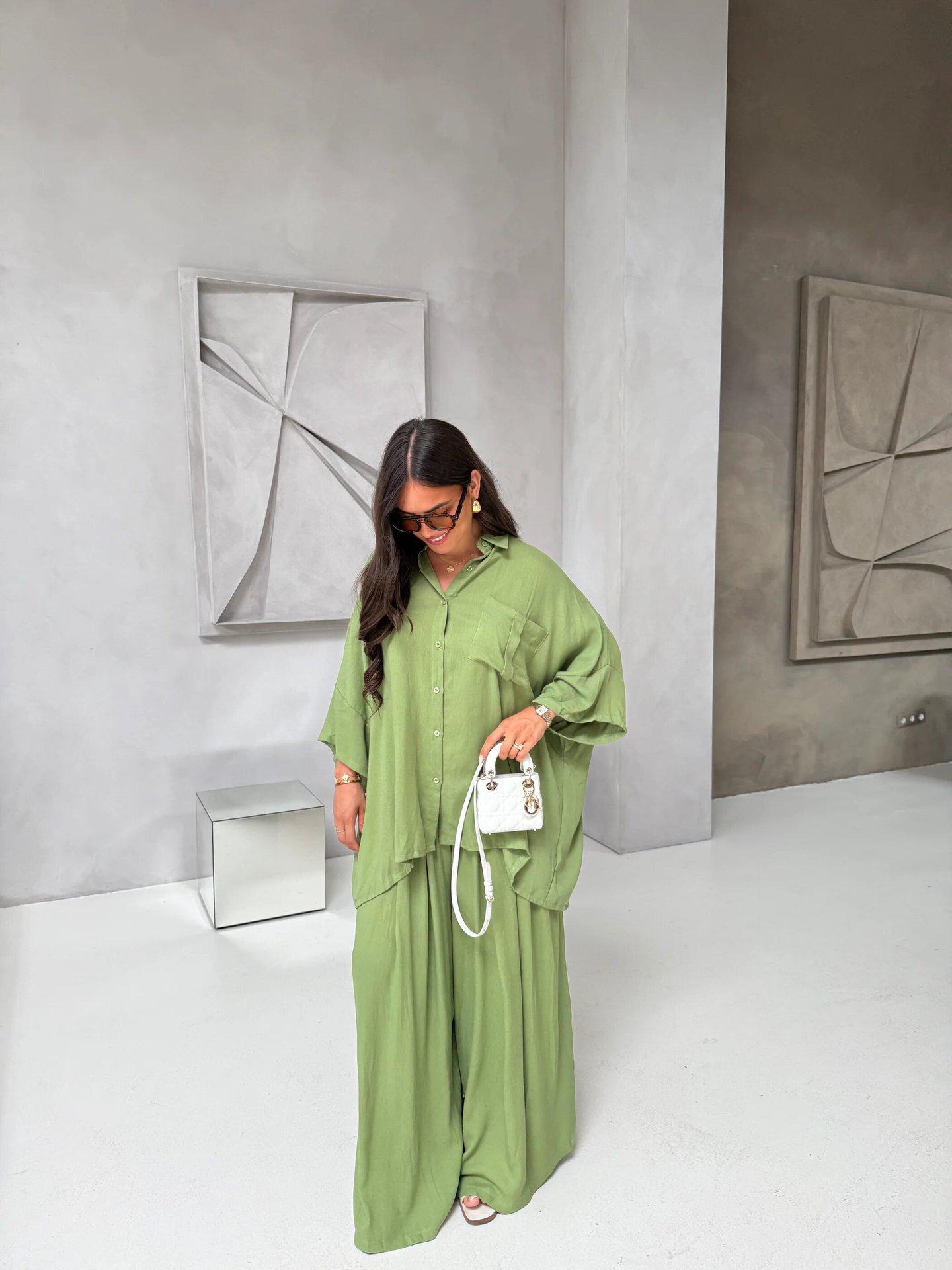 

2025 Summer Yellow Pleated Women s Casual Shirt and Loose Pants Set - European and American Design. XL зелений
