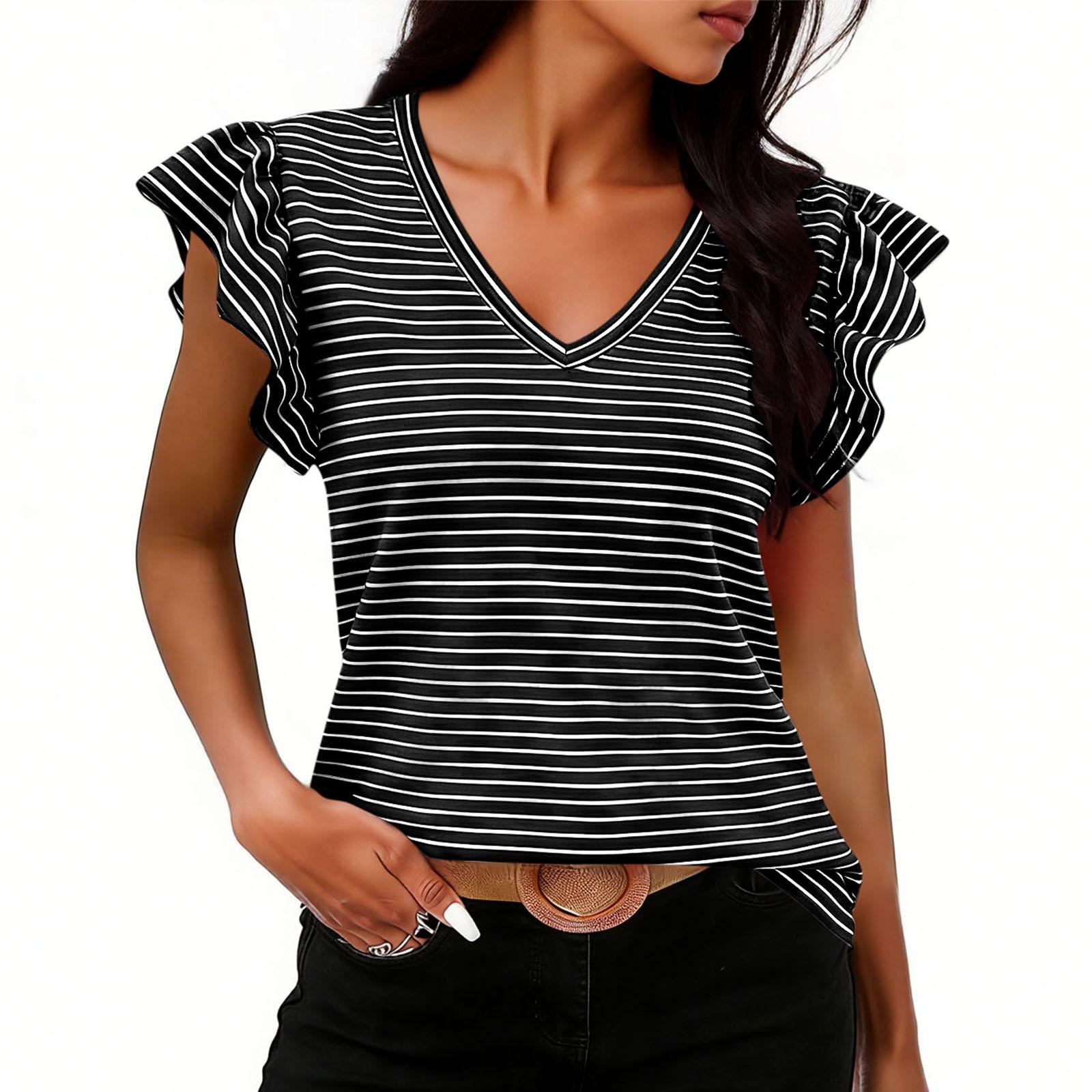 Women s Casual Sleeveless Striped Print V-neck Ruffle Sleeve Loose Vest L чёрный