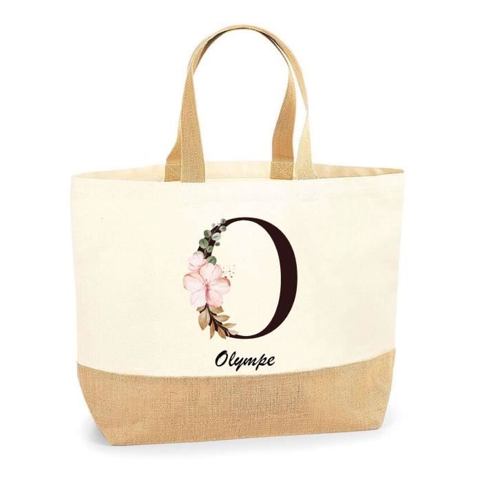 Sac jute / tote bag - PLANETEE - Olympe Lettre Fleur - Multicolore - Jute naturel - Fabriqué en France