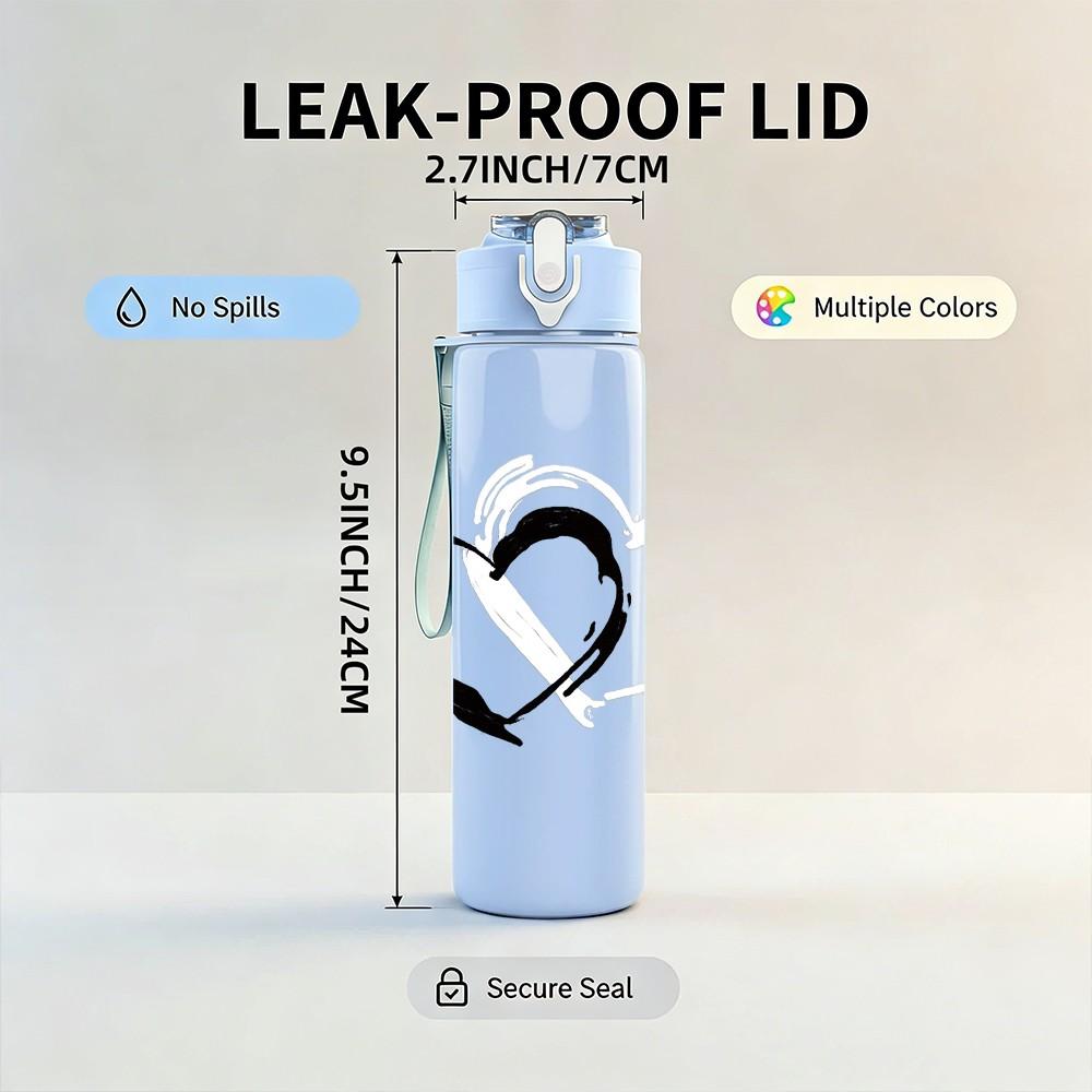 1PC Hand Drawn Sketch Heart Print 750ml Color Plastic Sports Water Bottle Leakproof Flip Straw Lid Suitable for Sports Office Home Use