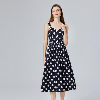 Summer Women Vintage Polka Dot Print Spaghetti Strap Long Midi Party Dresses
