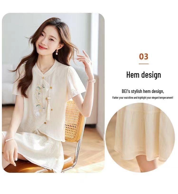 2024 Summer Women's Embroidered Chiffon Two-Piece Set: Chinese Style Shirt & Skirt