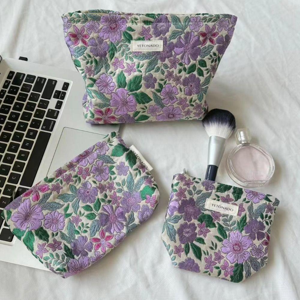 Polyester Canvas Flower Clutch Bag Large Capacity Zipper Closure Cosmetic Storage Pouch Portable Flower Pattern Makeup Bag