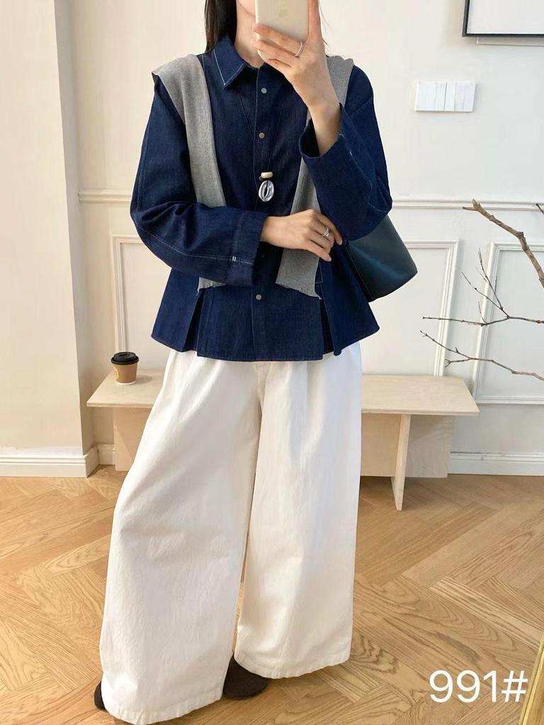 Playful Niche Spring Slit Denim Shirt - Women's Loose Chic Lapel Top (ZLG)