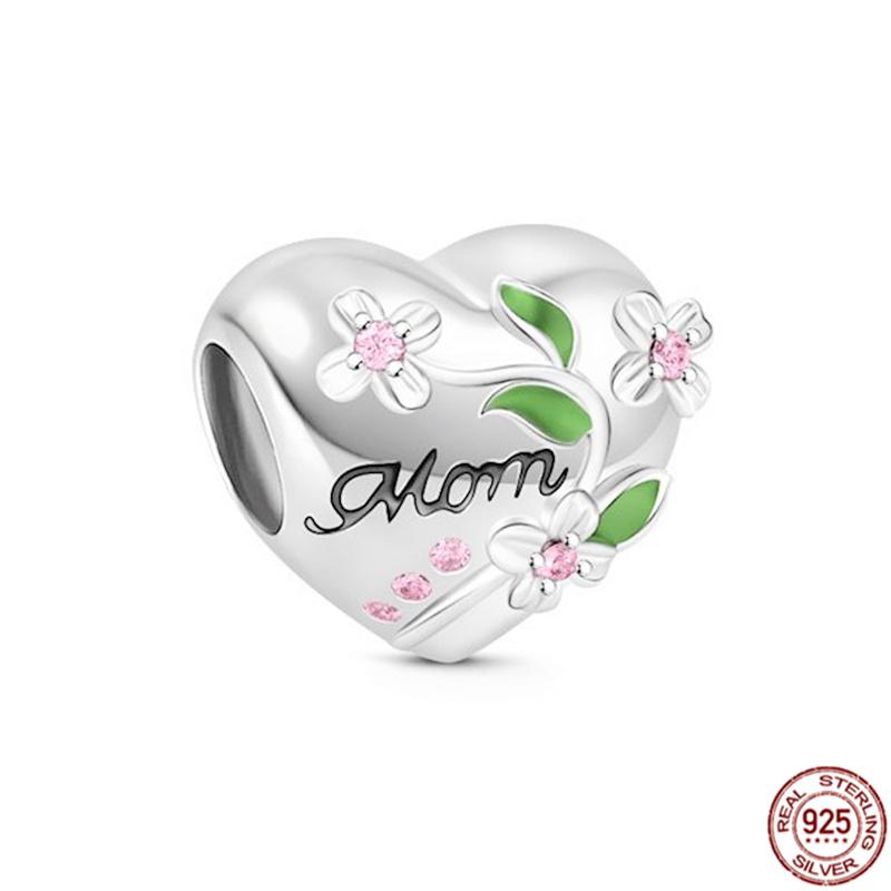 Fine S925 Sterling Silver Love You Mom Double Heart Split Dangle Charm Beads Fit Original  Bracelet DIY Women Jewelry Gift