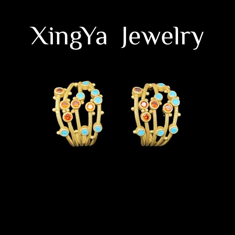 Light Luxury Bohemian Style Zirconium Inlaid Earring Ring Set Vintage Retro Niche
