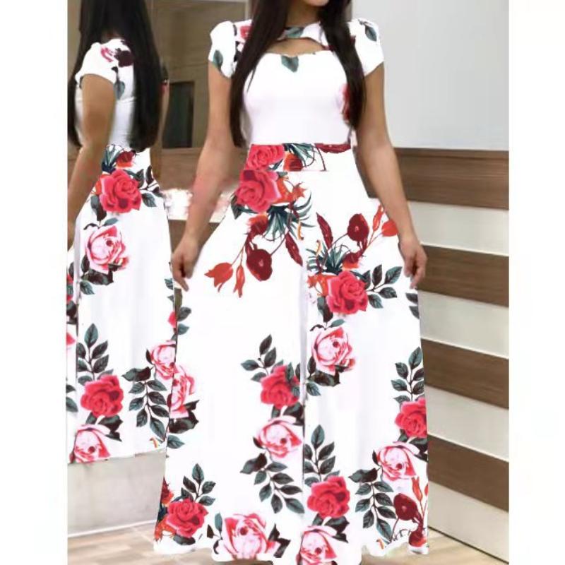 GMXIA Böhmisches Kleid mit Blumenmuster, kurzen Ärmeln, für Damen, Herbst/Winter, lange Kleider, Rundhalsausschnitt, großer Schwung