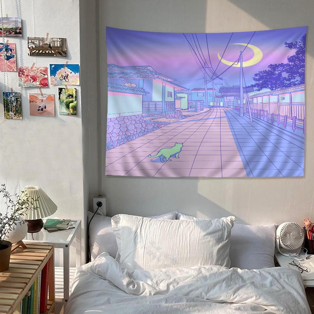 80S Vaporwave Style City Night Street Cat Cartoon Tapestry Wall Hanging Decoration Household Home Decor
