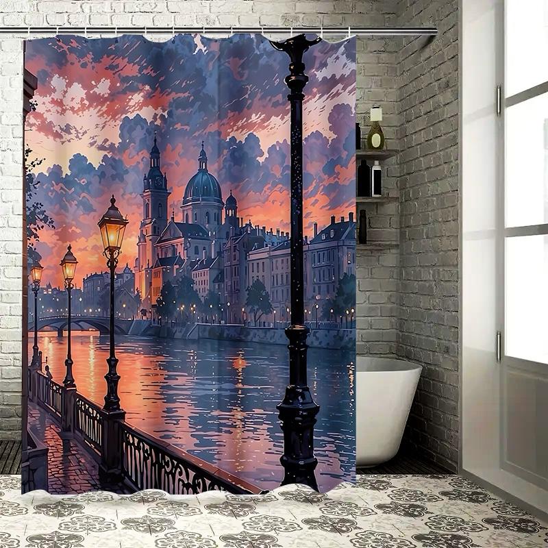 City Sunset Riverfront Shower Curtain European Architecture Street Lamp Scenery Bathroom Decor Waterproof Polyester Fabric