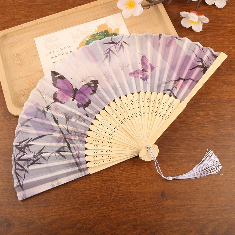 

1pc Chinese Style Bamboo Folding Fan Butterfly Pattern Hand Fan With Tassel For Wedding Dance Party Home Decor