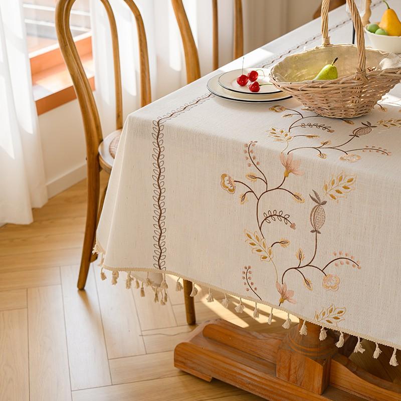 Waterproof Linen Blend Tablecloth Embroidered Stain Resistant Durable Dining Table Cover