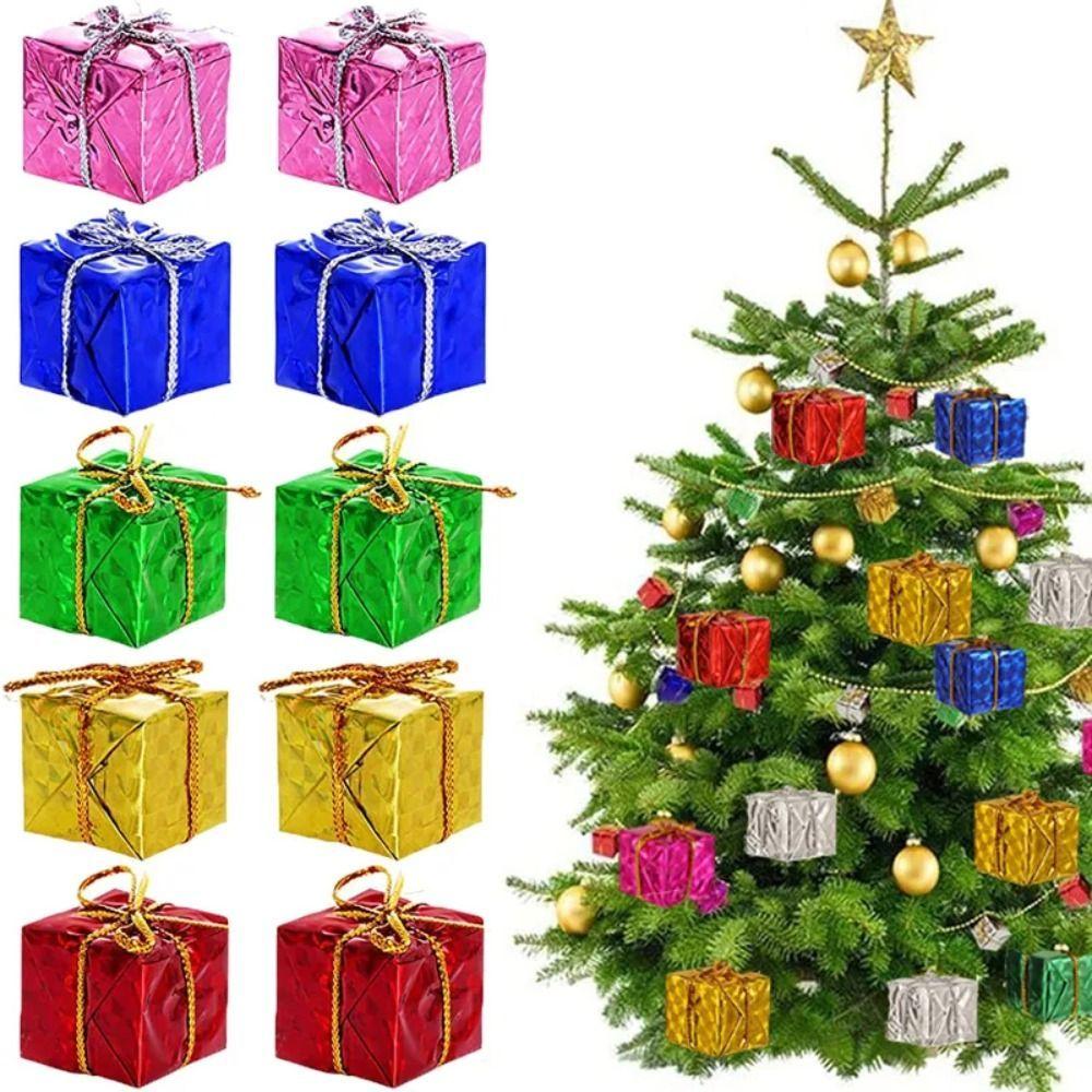 12pcs 2.5/3cm Mini Christmas Tree Pendants Laser Colorful Bubble Christmas Gift Bag Decoration Pendant Small Gift Box Pendant