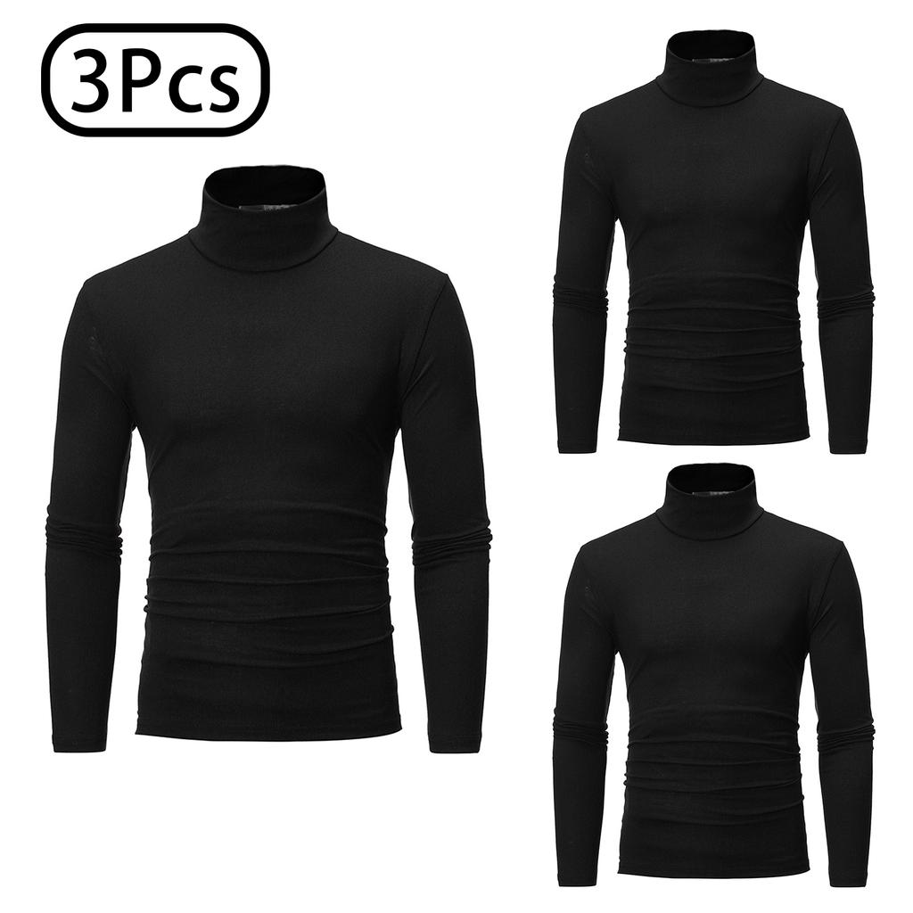 Conjunto de Camisas de Gola Alta Masculinas 3 Peças Manga Comprida Camada Base Térmica Ajuste Slim Cor Sólida