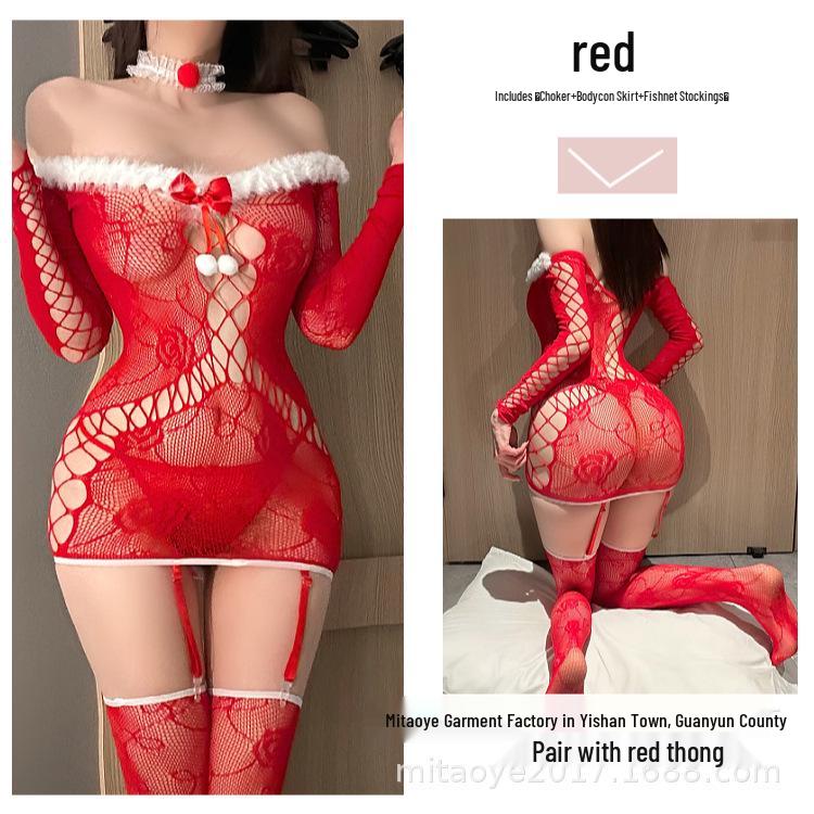 European & American Christmas Lace Bodysuit Set with Stockings & Quick-Release Garter Belt