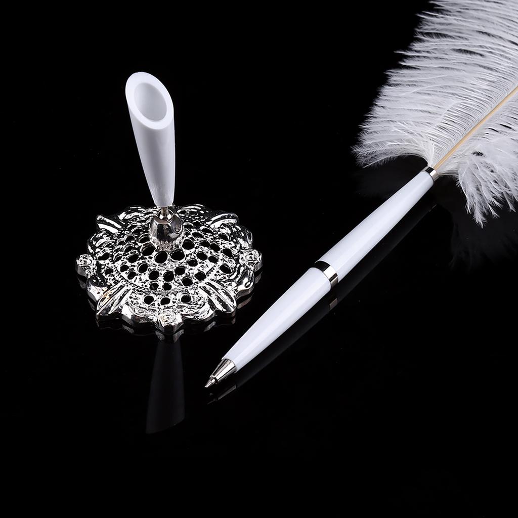 2 Colors Ostrich Feather Wedding Quill Signing Ballpoint Writing Pen With Metal Holder New