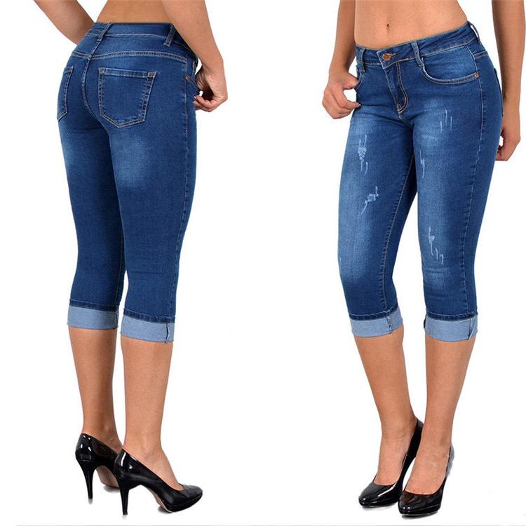 

Женские джинсы 2024 года, летние, с эластичной резинкой и минималистичным дизайном, эластичные брюки из семи частей из денима для женщин 5XL синий