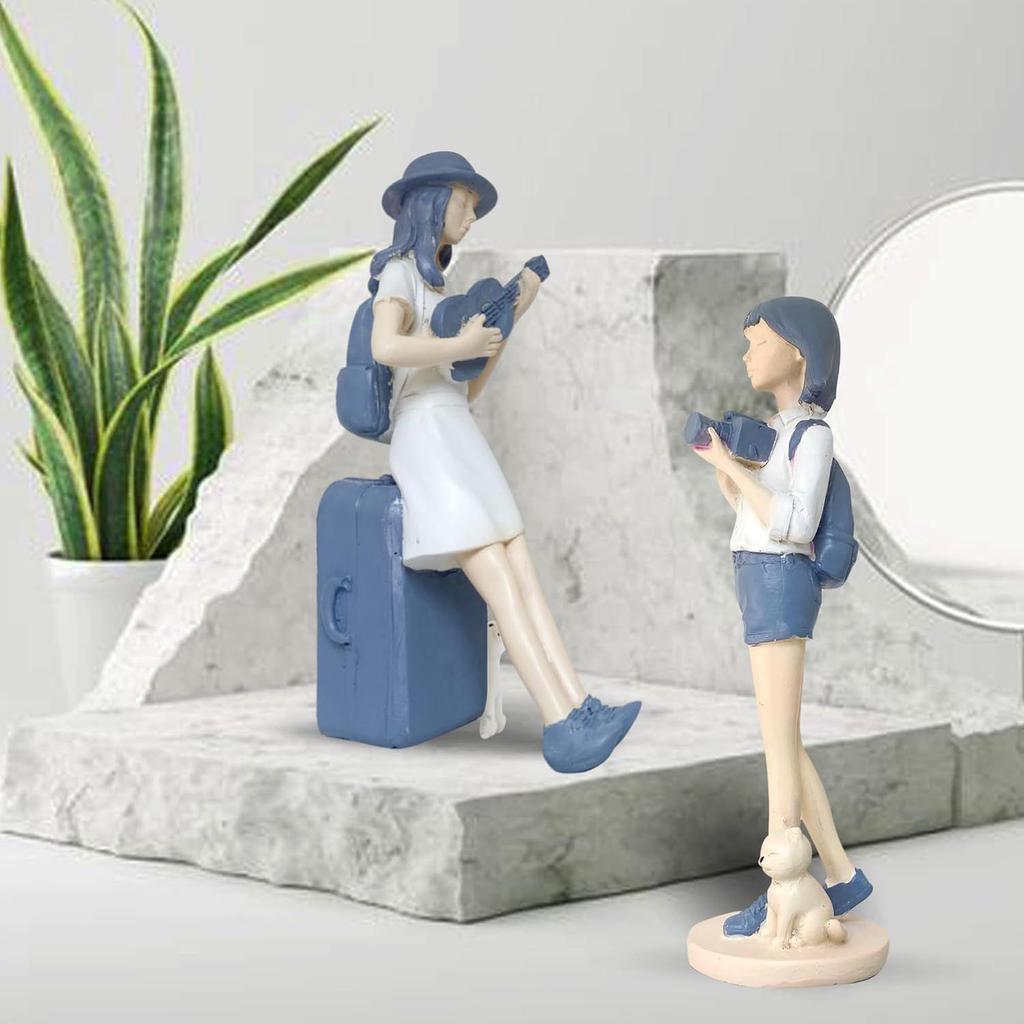 Cute and Elegant Girls Statue for Home Decor | Table Decor (Pack of 2, White & Blue)