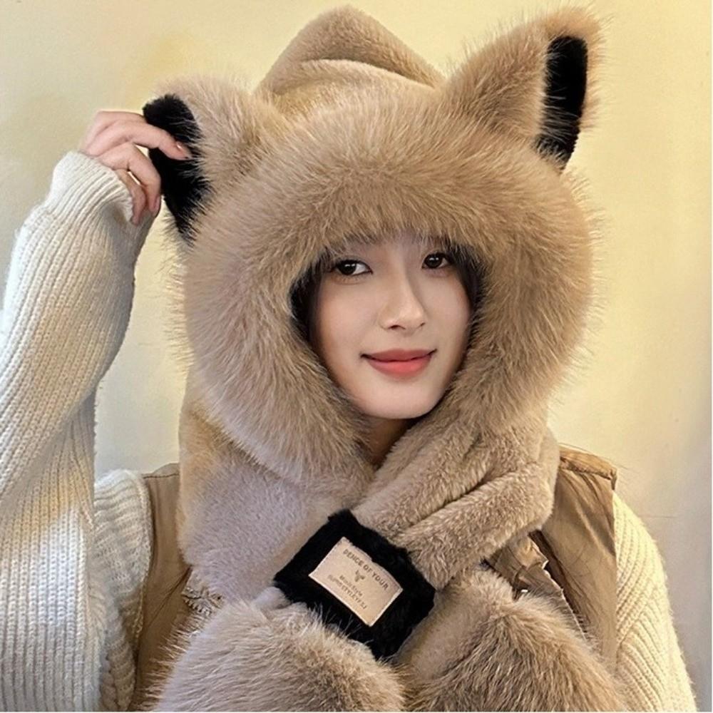 Two-Piece Set Plush Bear Hat Scarf Thickened Neck Warmer Hat Cute Ear Protection Hooded  Winter
