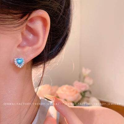Blue Flash Diamond Series Earrings Women's Light Luxury Niche Design Sense Love Moon Cochlear Nails Sleep Without Ear Removal