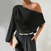 Women's Autumn and Winter Temperament Slanted Shoulder Long-sleeved Sexy Off-shoulder Loose-fitting Slanted Collar Design Top