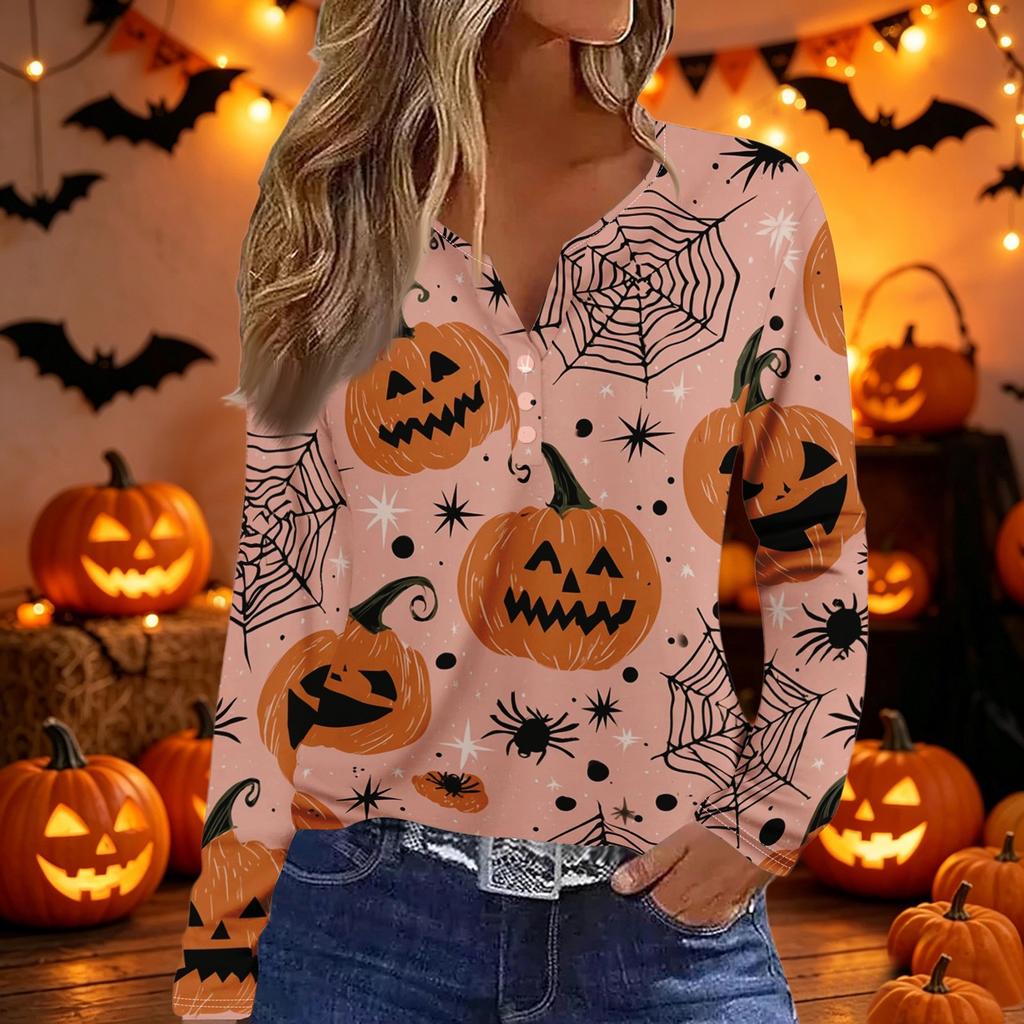 Women V Neck Button Long Sleeve Top with Halloween and Letter Print Casual Loose Fit Shirt for Autumn
