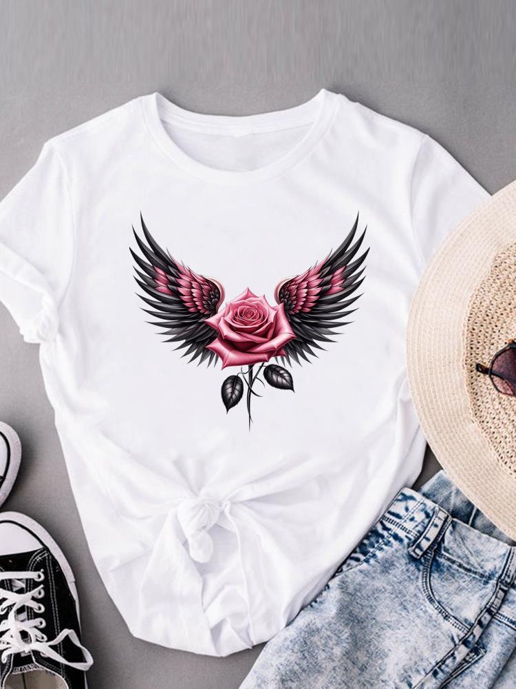 (Asian Size) Clothing Lovely Flower Style Trend Print Female Casual Short Sleeve Fashion T Women's Top Graphic Tee T-shirts