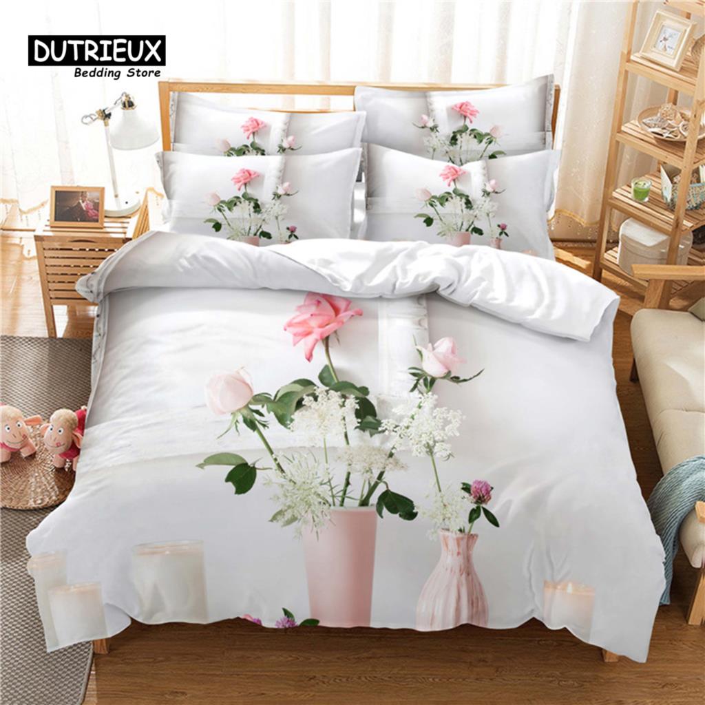 Beautiful Flower Bedding Set, 3Pc Flowers Duvet Cover Set, Soft Comfortable Breathable Duvet Cover, For Bedroom Guest Room Decor