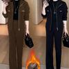 Plush Casual Sports Suit for Women In Winter, Fashionable and Stylish Stand-up Collar Short Coat and Wide-leg Pants Two-piece Set