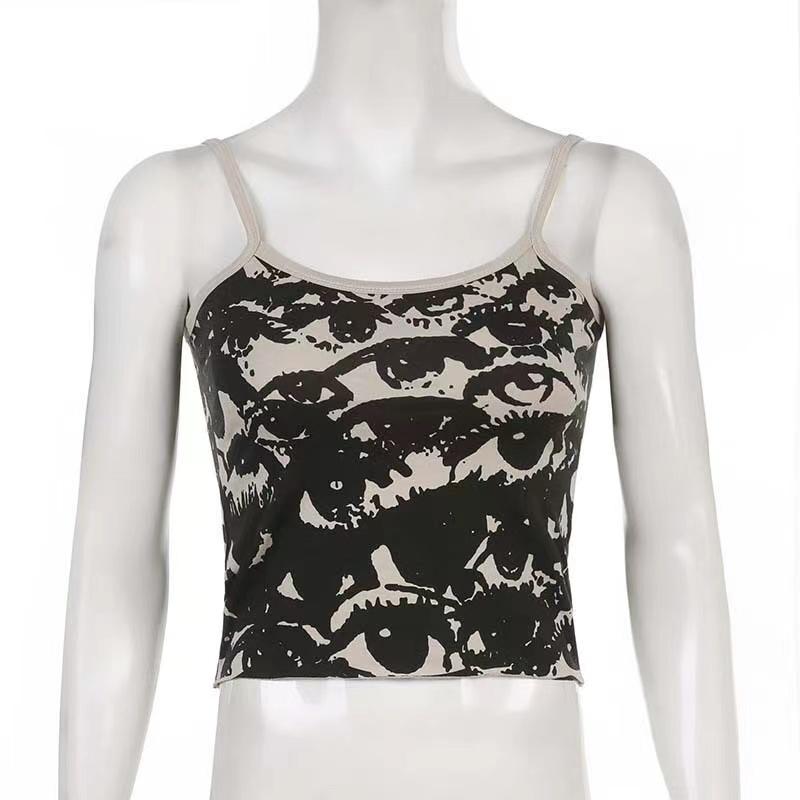 Gothic Portrait Print T-shirt Aesthetic Crop Tops Short Sleevle Vest Tees Harajuku Streetwear White Suspenders Women Clothes