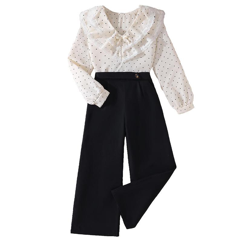 Girls' Fashion Set - Spring-Autumn Children's Sweet Polka Dot Long-Sleeved Shirt + Pants Set