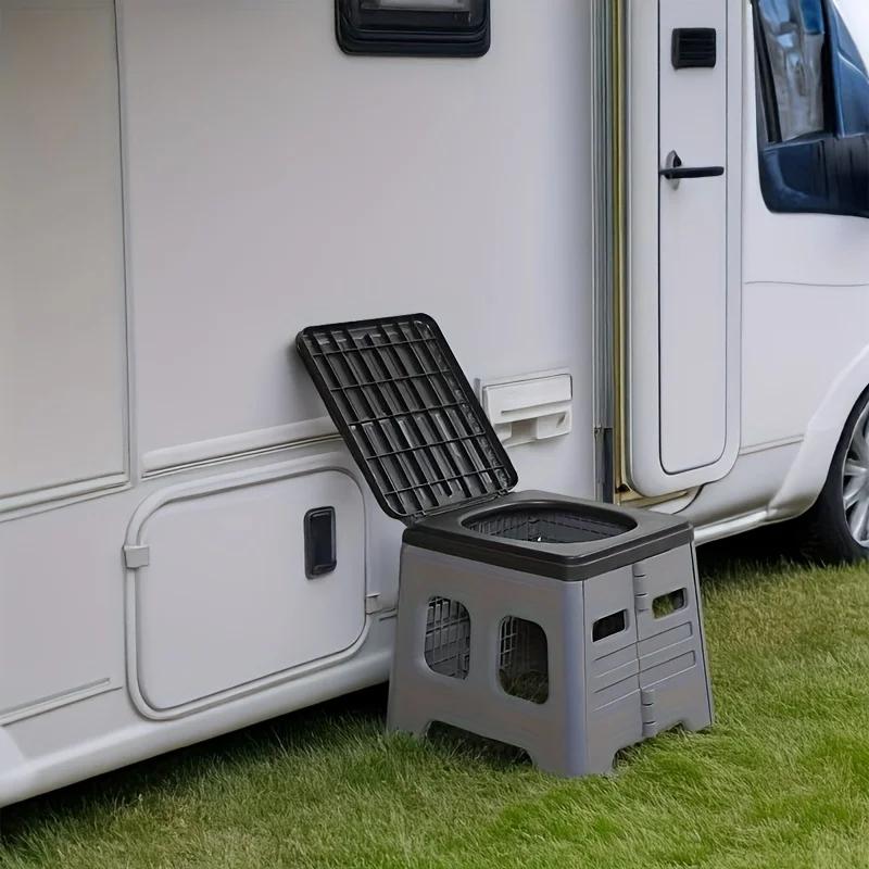 Portable Folding Toilet for Camping, Travel & Emergency Use - Odor-Resistant, Durable PP Material, Compact Design with Lid