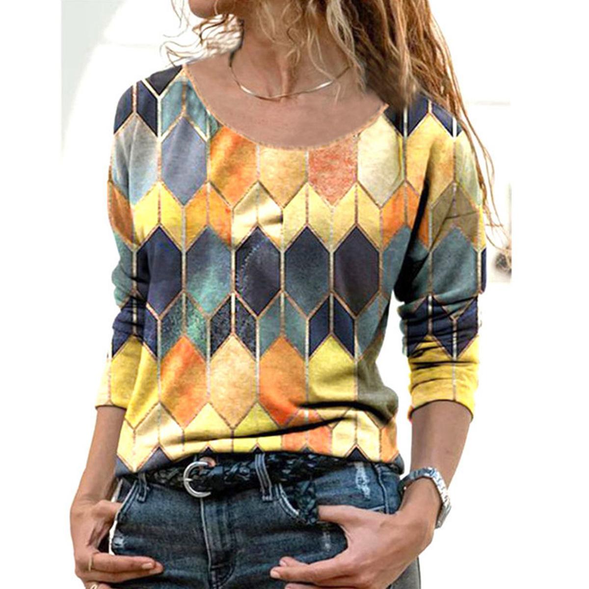 

Женская мода с принтом и отворотом, повседневная футболка с длинными рукавами, свободная одежда, топы 2XL жёлтый