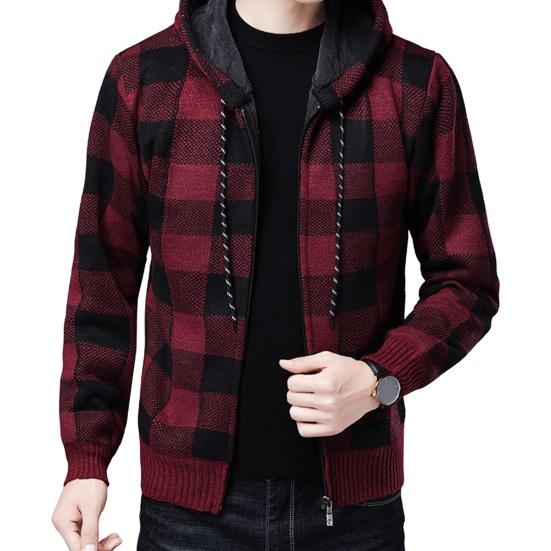 Мужской зимний кардиган с контрастным клетчатым принтом, капюшоном и завязками, куртка средней длины, утолщенная трикотажная M красный