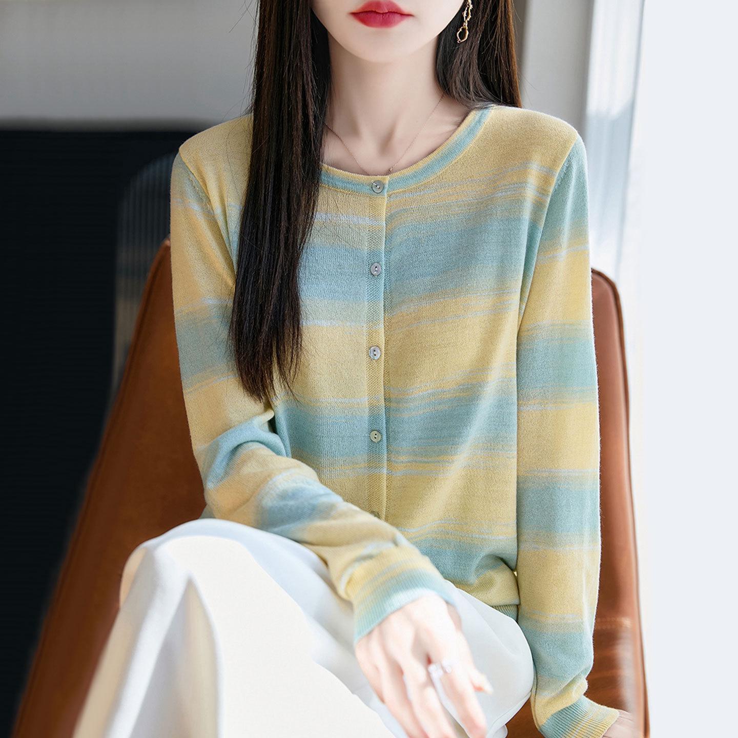

Autumn Round Neck Color Block Knit Cardigan - Stylish, Loose, Age-Reducing Sweater S (Below 90 jin) жёлтый