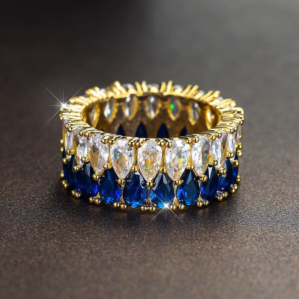Luxury Female Crystal Blue Purple White Zircon Stone Water Drop Engagement Ring Vintage Gold Color Wedding Jewelry For Women