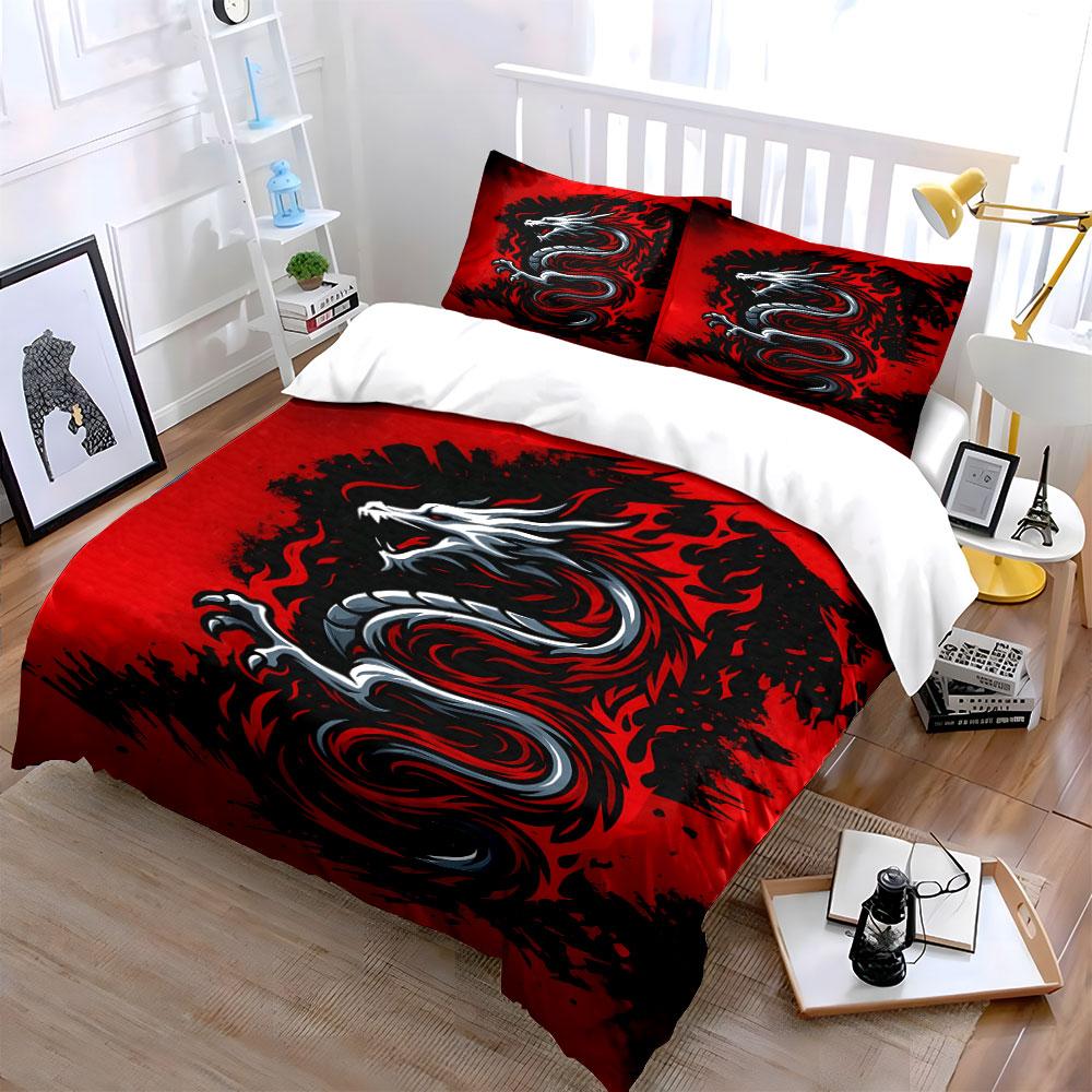 Silver Dragon, Red Flames. Bedding Sets Duvet Cover Sets Duvet Covers Pillowcases(1 * Duvet Cover 2 * Pillowcases Without Duvet Insert)