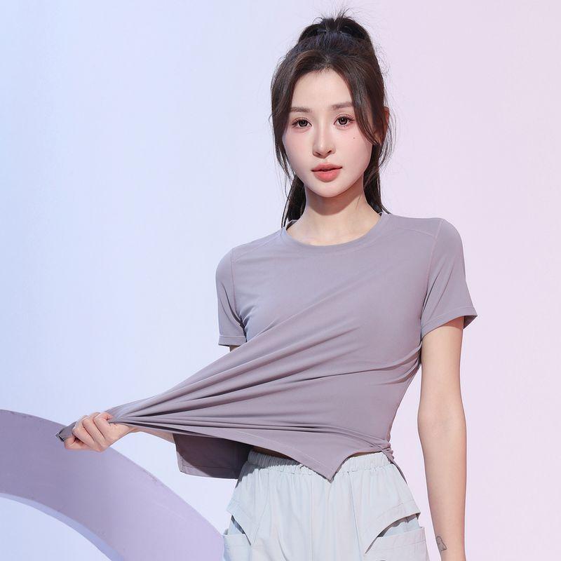 

Summer Running Training Workout Clothes Women s Short Sleeve Lightweight Yoga Clothes Breathable Quick Drying Clothes 2025 New Sports T-shirt Gray purple short sleeve M