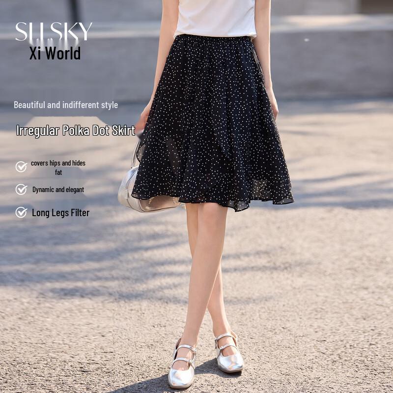Retro Polka Dot Ruffle Chiffon Midi Skirt M