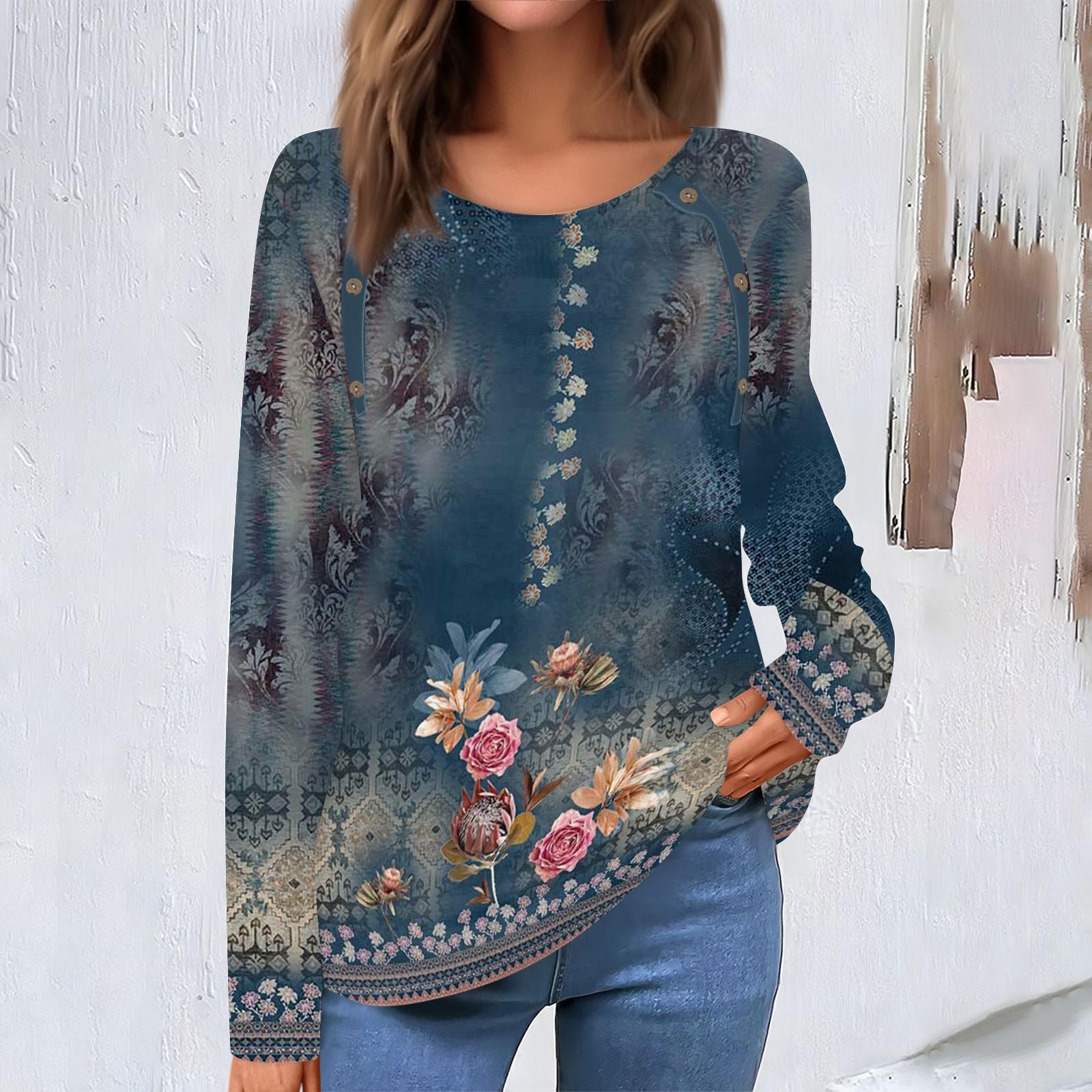 

Women s Fashion Casual Round Neck Long Sleeve Floral Print Button Decorated T-Shirt Top XXXL Темно-синій