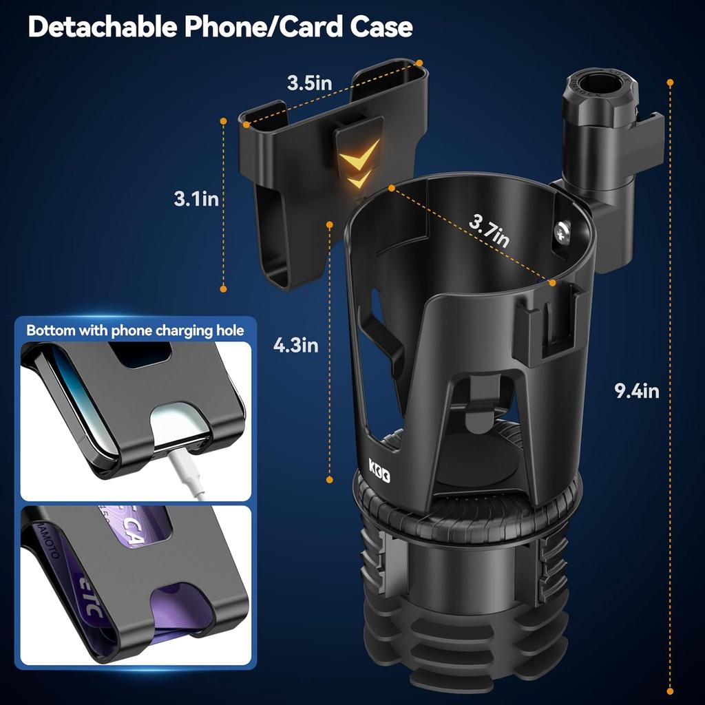 KDD Car Cup Holder Expander - 3 In 1 Cup Holder Adapter With Adjustable Base - Detachable Phone Holder & 360° Rotation Food Tray For Car -