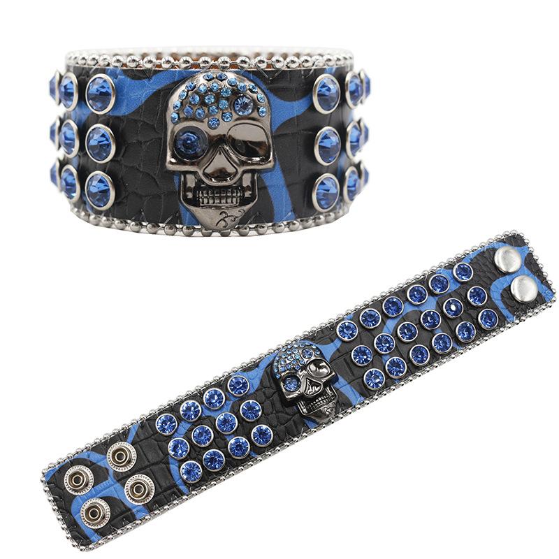 Skull Buckle Rhinestone Bracelet with Personality, Fashionable and Versatile PU Leather Bracelet, Hip-hop Punk Style with Full Personality