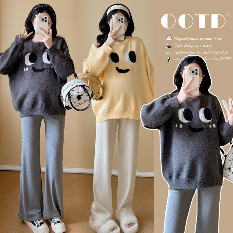 

Maternity Round Neck Sweater - Autumn/Winter Casual Loose Pullover with Big Eye Design 2XL сірий колір