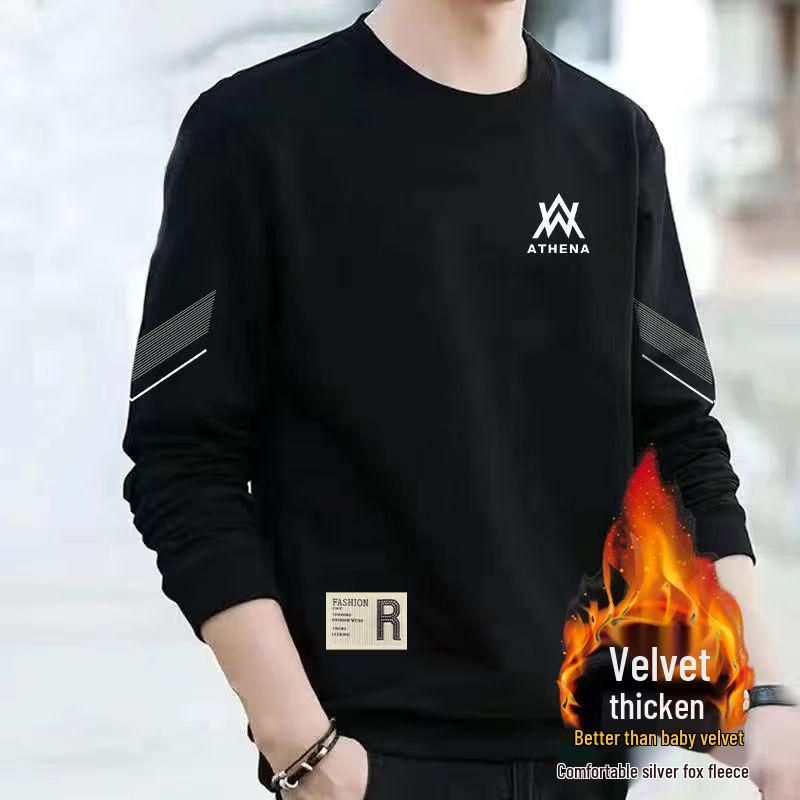 Men's Fleece-Lined Thickened Casual Loose Long Sleeve Warm Base Layer for Autumn and Winter