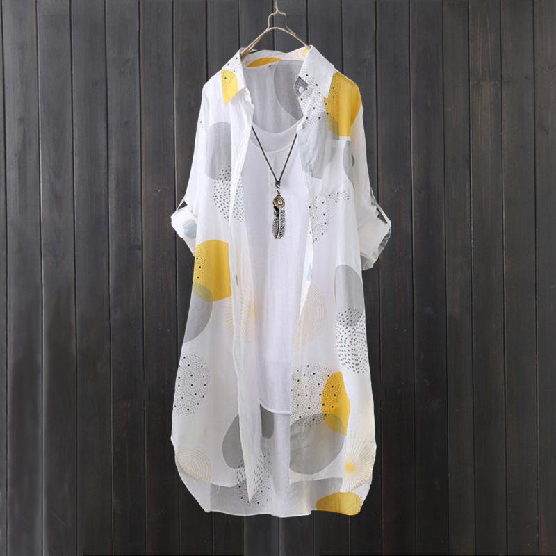 Women's Shirt Casual Thin Open Stitch Mid Length Summer Thin Coat Loose Plus Size Sun Protection Long Sleeve Printed Blouse