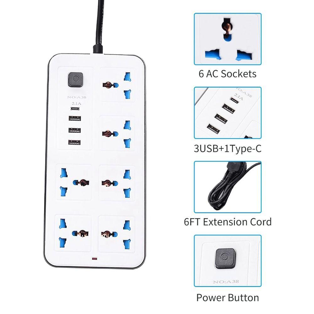 6 AC Sockets & 3 USB Power Multi Tap 2m Extension Cord Electrical Socket Outlet Power Strip  Charge