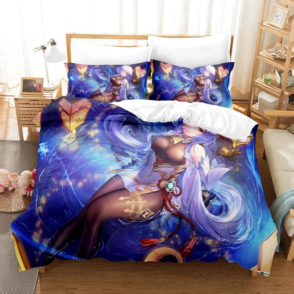 3D Printed Genshin Impact Bedding Set Winter Warm Polyester Quilt Cover Cartoon Game Design 3PCS