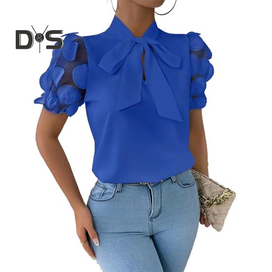 

Женская рубашка с завязанным бантом на вырезе горловины, сетчатая жаккардовая рубашка с короткими рукавами, повседневная рубашка, однотонная блузка, повседневная одежда S синий