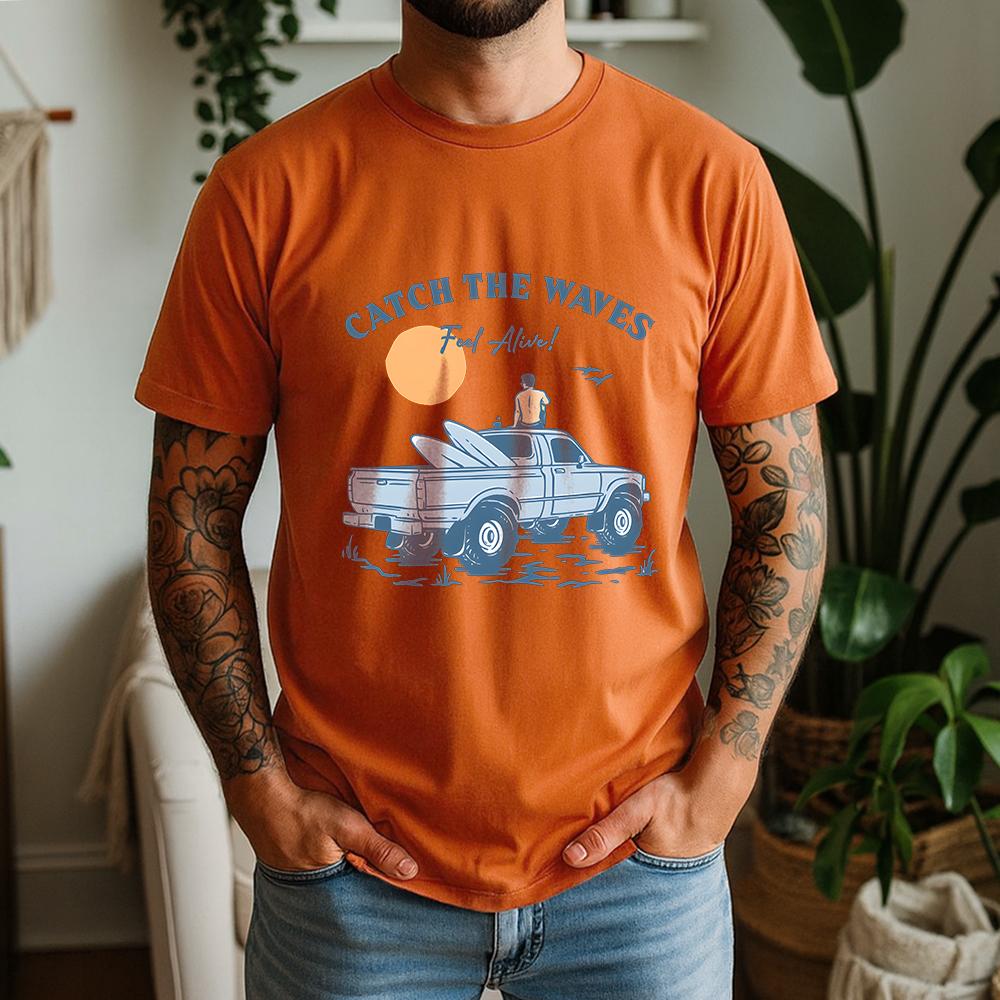 2026 Summer 100 Cotton Catch The Waves Graphic Oversized Tee Surf Pickup Summer Casual Themed Short Sleeve