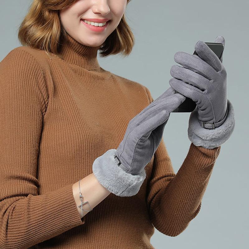 Warm Gloves for Women Winter Suede Outdoor Cycling Touch Screen Plus Velvet Thickening