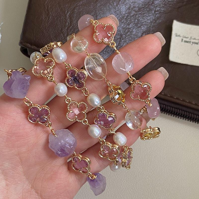 Pink Four-leaf Flower Bracelet Freshwater Pearl Natural Crystal Bracelet, Sweet Internet Celebrity Small Fragrance Citrine Bracelet.